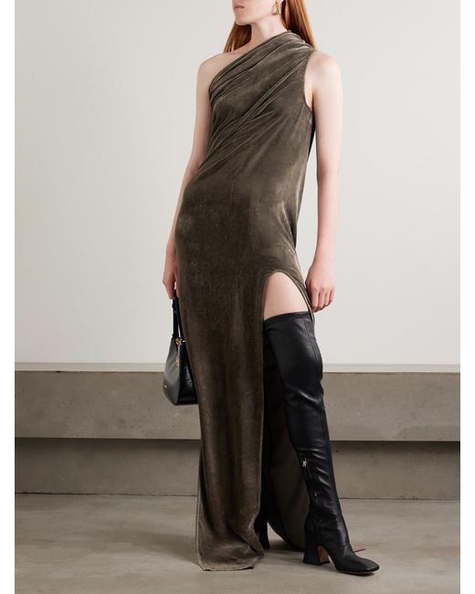 Rick Owens Natural Athena Arrowhead One-Shoulder Draped Crushed-Velvet Gown