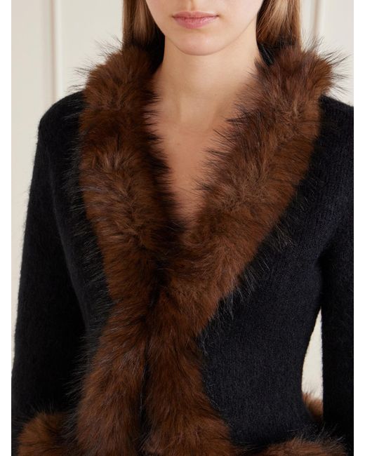 Self-Portrait Black Plush-Trimmed Knitted Cardigan
