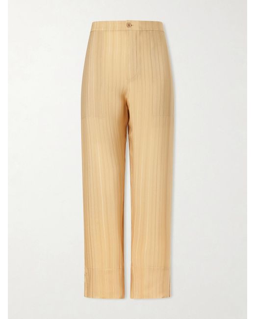 Saint Laurent Natural Striped Silk Straight-Leg Pants