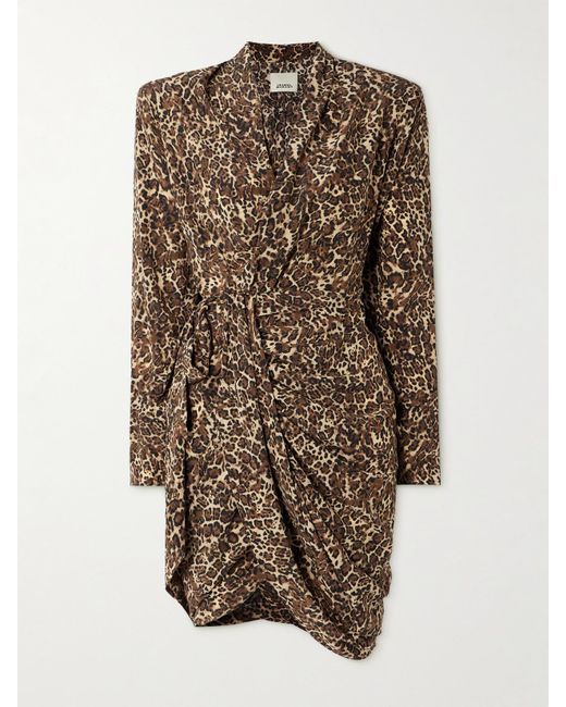 Isabel Marant Multicolor Cleora Asymmetric Belted Leopard-Print Stretch-Silk Dress