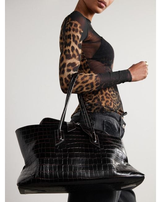 The Attico Black La Passeggiata Medium Asymmetric Croc-Effect Leather Tote