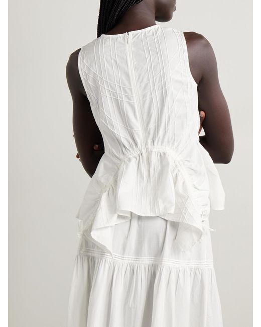 Sea White Camden Ruched Embroidered Cotton-Poplin Peplum Top