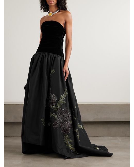 Clio Peppiatt Black Eden Strapless Embellished Gathered Velvet And Taffeta Gown