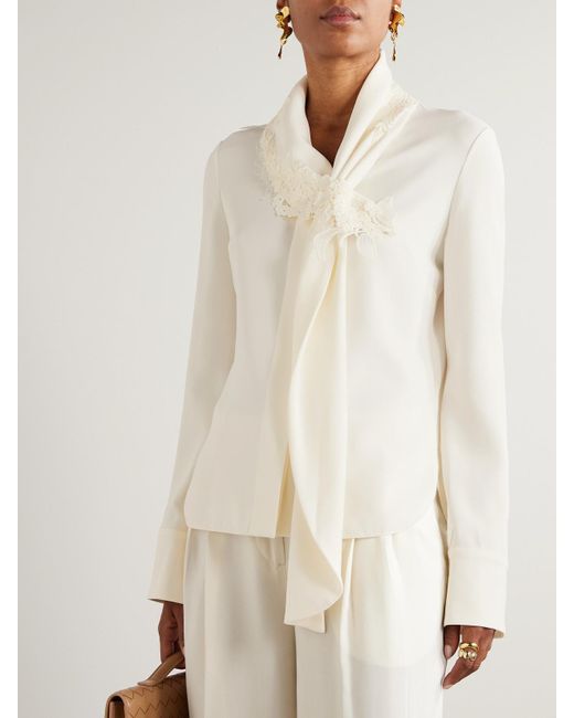 Oscar de la Renta Natural Tie-Detailed Lace-Trimmed Silk-Blend Georgette Blouse