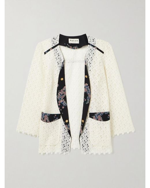 Maison Mayle Natural Caribbea Jacke Aus Häkelspitze Mit Besätzen Aus Seiden-Crêpe Mit Blumenprint