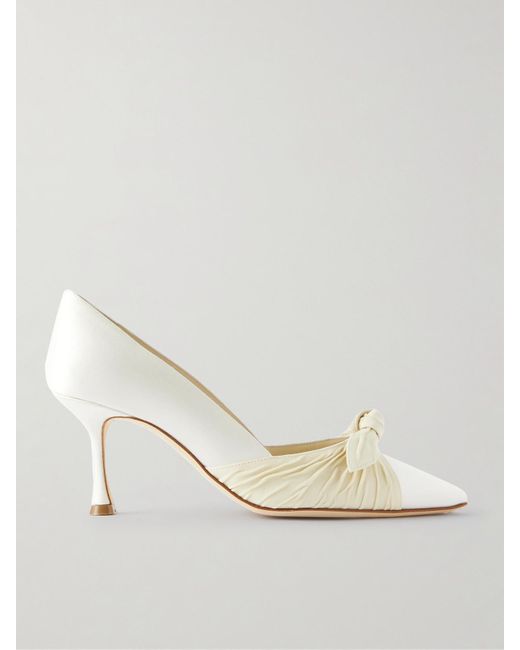 Manolo Blahnik Natural Terka 70 Bow-embellished Silk-trimmed Satin Pumps