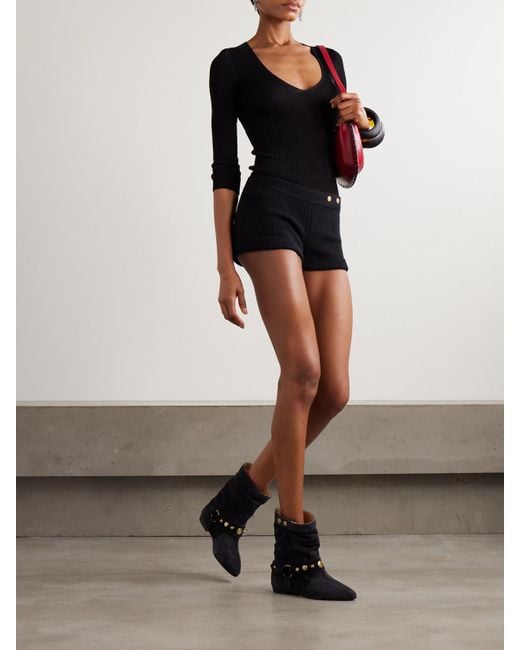 Isabel Marant Black Diha Button-Embellished Ribbed Wool-Blend Shorts