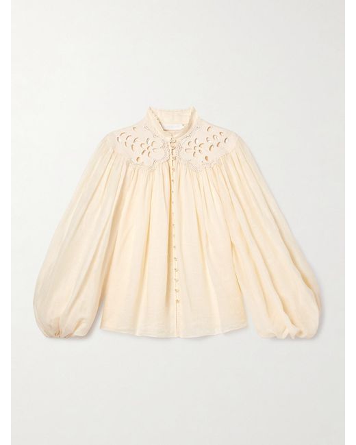 Zimmermann Natural Coco Broderie Anglaise-Trimmed Ramie Blouse
