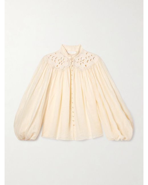 Zimmermann Natural Coco Broderie Anglaise-Trimmed Ramie Blouse
