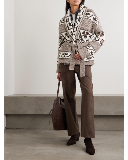 Polo Ralph Lauren Gray Cardigan Aus Jacquard-Strick Aus Einer Wollmischung Mit Bindegürtel