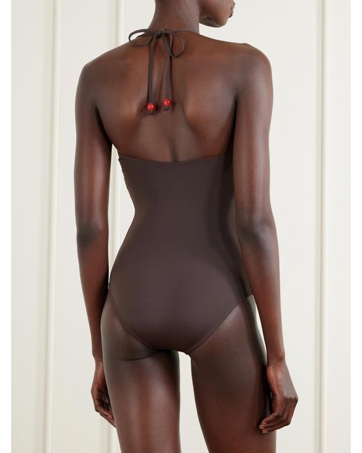 Staud Brown Laird Embellished Halterneck Swimsuit