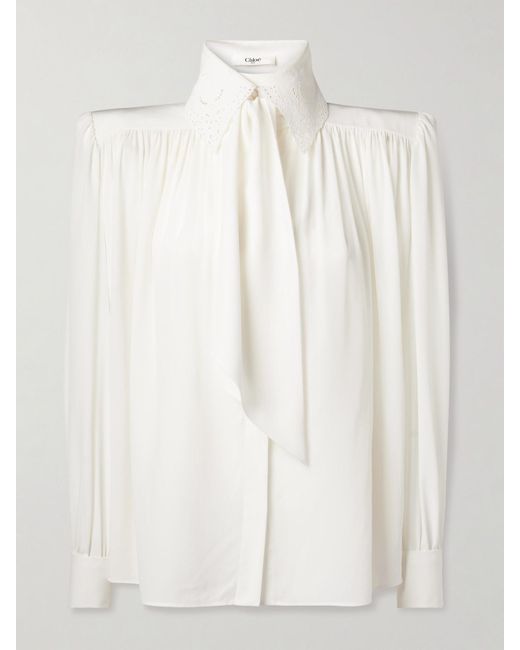 Chloé White Pussy-Bow Broderie Anglaise-Trimmed Gathered Organic Silk Shirt