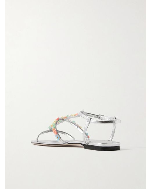 Jimmy Choo White Gwyn Bead-Embellished Metallic Leather Sandals