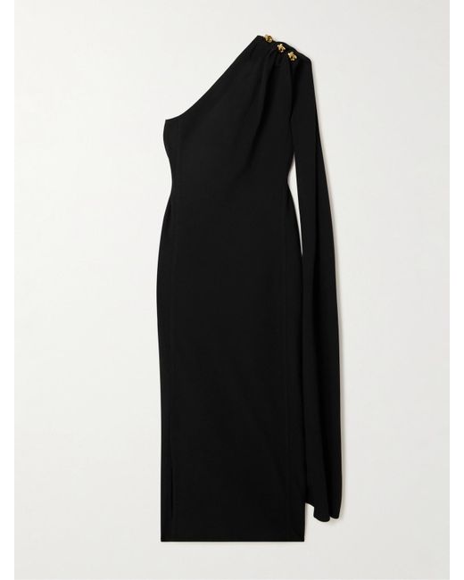Bottega Veneta Black Cape-Effect Embellished One-Shoulder Crepe Midi Dress