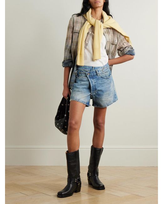 R13 Blue Crossover Asymmetric Denim Shorts
