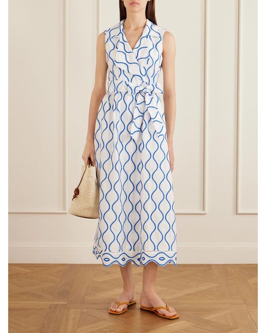 Loretta Caponi Blue Noemie Double-Breasted Striped Cotton-Poplin Midi Dress