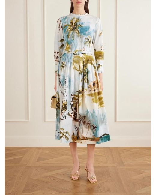 Oscar de la Renta White Belted Printed Cotton-Blend Midi Dress