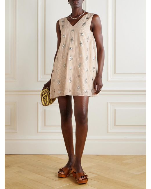 Alix Of Bohemia Natural Soleil Cedar Embellished Striped Cotton And Linen-Blend Mini Dress