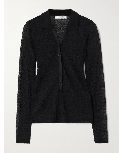 FRAME Black Cotton-Blend Mesh Top