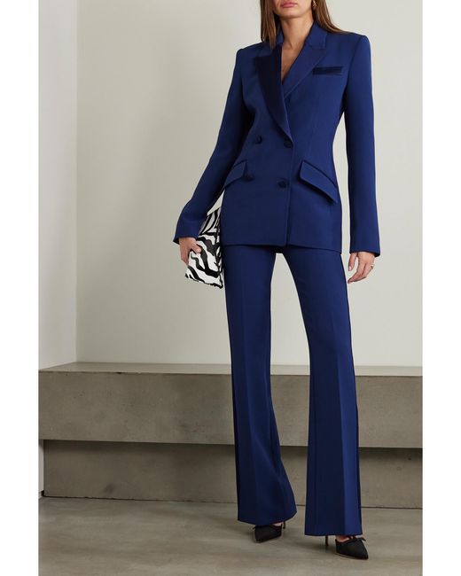 Safiyaa Blue Wynnie Double-Breasted Satin-Trimmed Stretch-Crepe Blazer