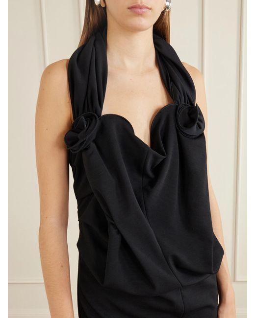 Magda Butrym Black Floral-Applique Ruched Wool-Blend Maxi Dress