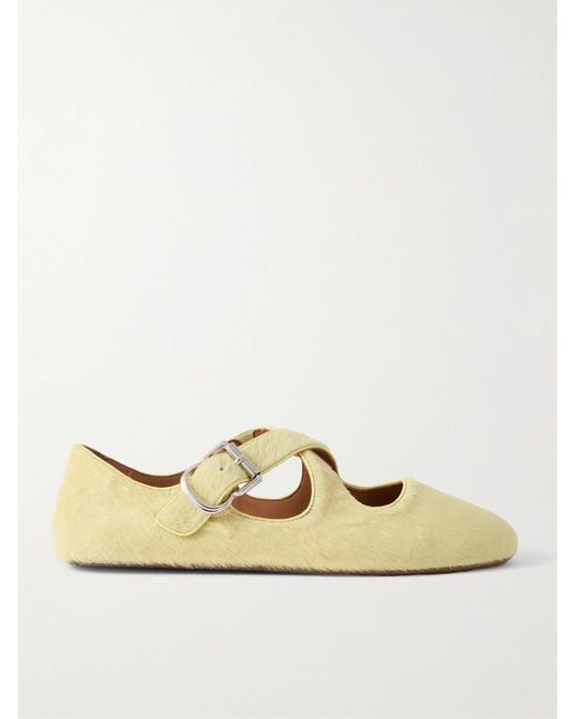 Alaïa Natural Criss Cross Leather-Trimmed Calf Hair Ballet Flats