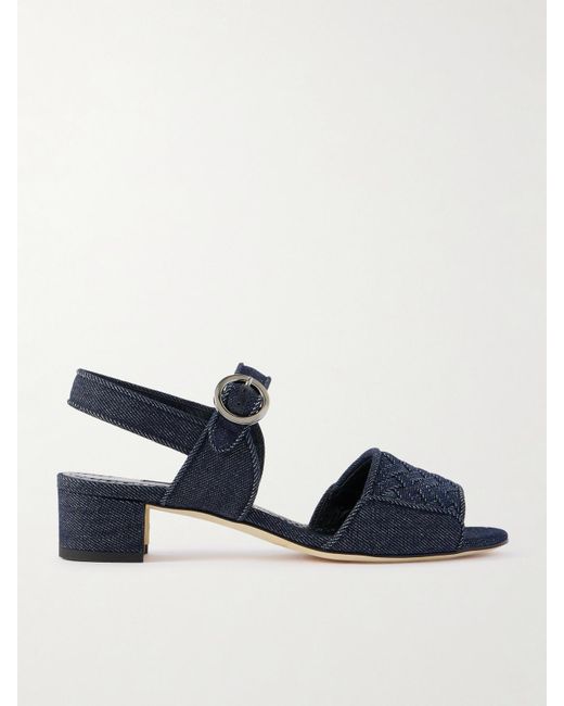 Manolo Blahnik Blue Vibius 30 Sandalen Aus Denim Mit Fischgratmuster