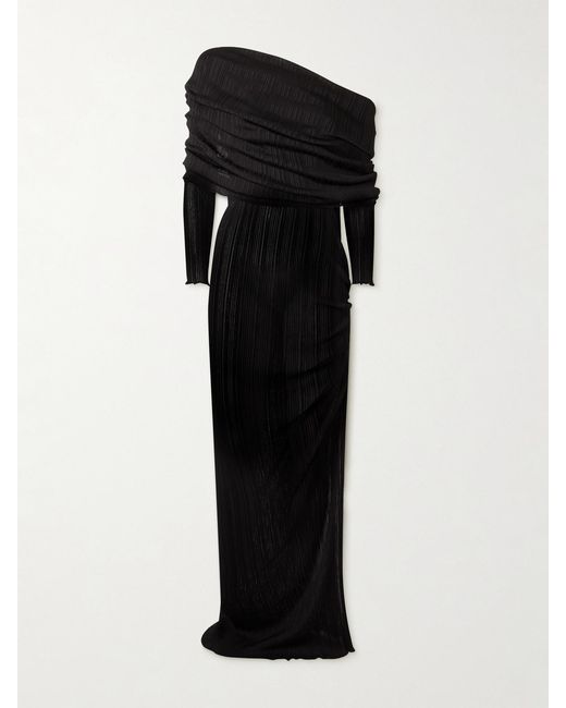 Alaïa Black One-Shoulder Draped Pointelle-Knit Maxi Dress