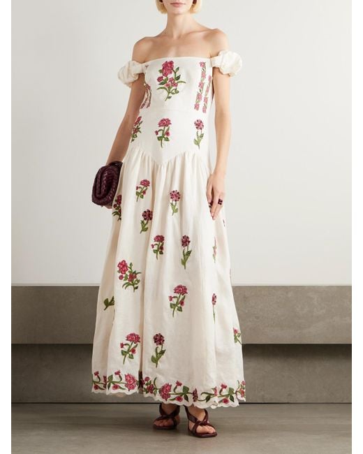 Agua Bendita Natural Siembra Off-The-Shoulder Appliquéd Embroidered Printed Linen Maxi Dress