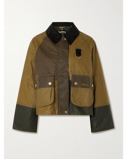 Barbour Green Alma Cropped Corduroy-Trimmed Patchwork Waxed-Cotton Jacket