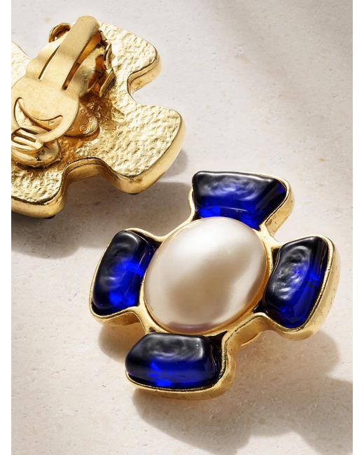 Susan Caplan Blue Chanel Vintage-Plated, Gripoix Crystal And Faux Pearl Clip Earrings