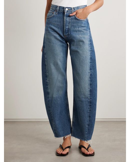 Agolde Blue Luna Frayed High-Rise Barrel-Leg Jeans