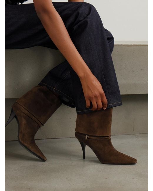 Saint Laurent Brown Niki Ankle Boots Aus Veloursleder Mit Verzierung