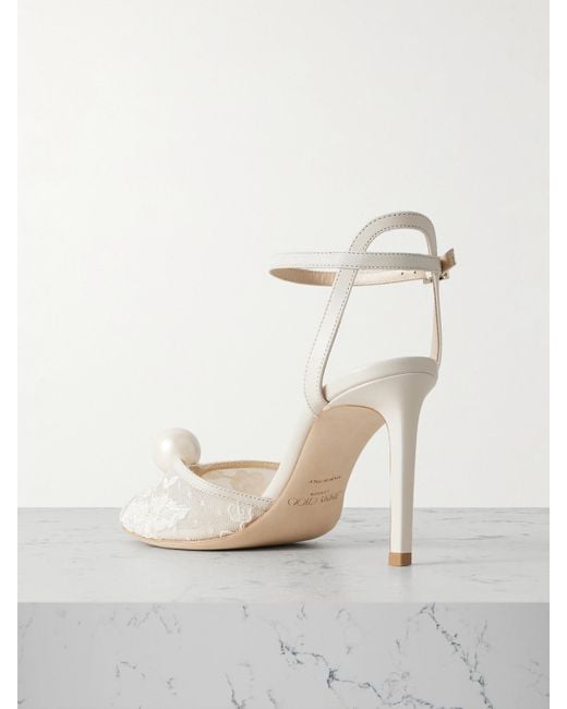 Jimmy Choo White Sacora 85 Embellished Leather-Trimmed Lace Sandals