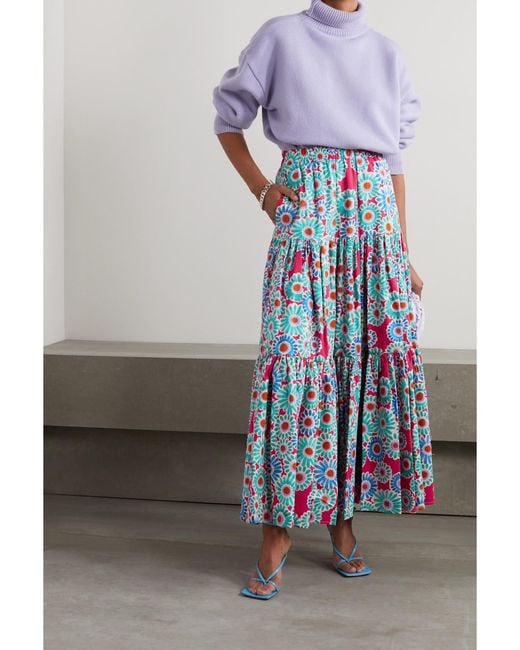 LaDoubleJ White Big Tiered Floral-Print Cotton-Poplin Maxi Skirt