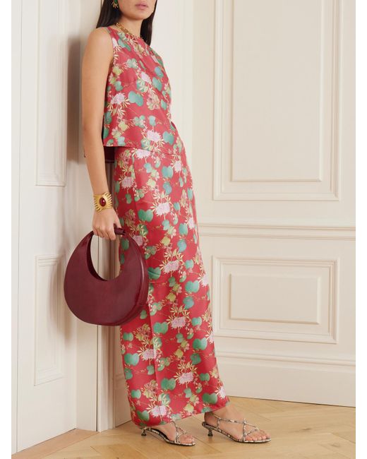 Emporio Sirenuse Red Laurelle Dragonfly Floral-Print Silk-Twill Maxi Skirt