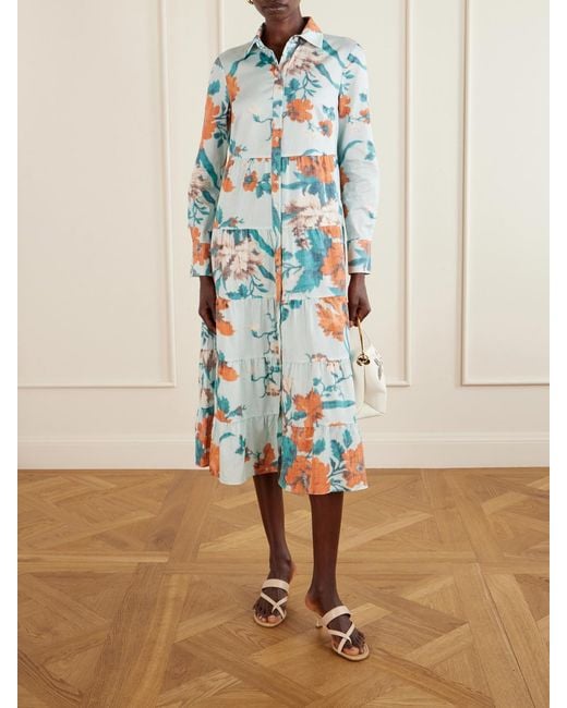 Erdem Blue Tiered Floral-Print Cotton Midi Dress