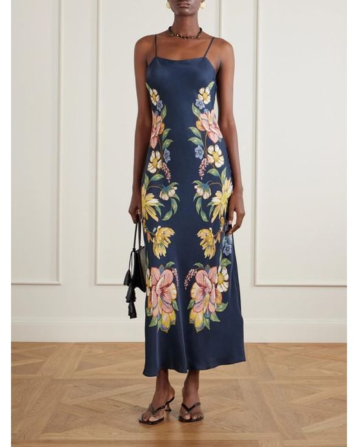 Farm Rio Blue Maira Floral-Print Satin Maxi Dress