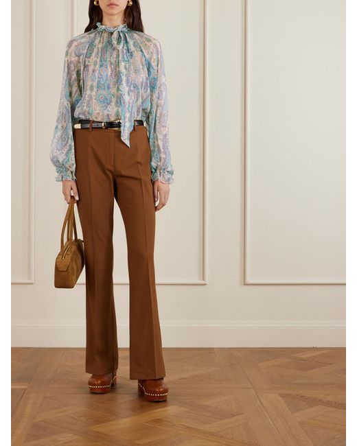 Etro Blue Pussy-Bow Ruffled Paisley-Print Silk-Crepon Blouse