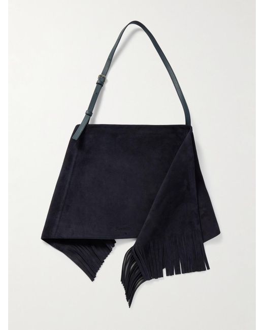 J.W. Anderson Blue Scarf Fringed Leather-Trimmed Suede Shoulder Bag