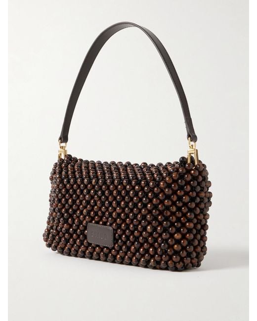 Staud Black Timmy Leather-Trimmed Beaded Mesh Shoulder Bag