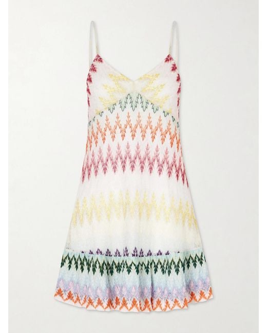 Missoni White Scalloped Striped Metallic Crochet-Knit Mini Dress