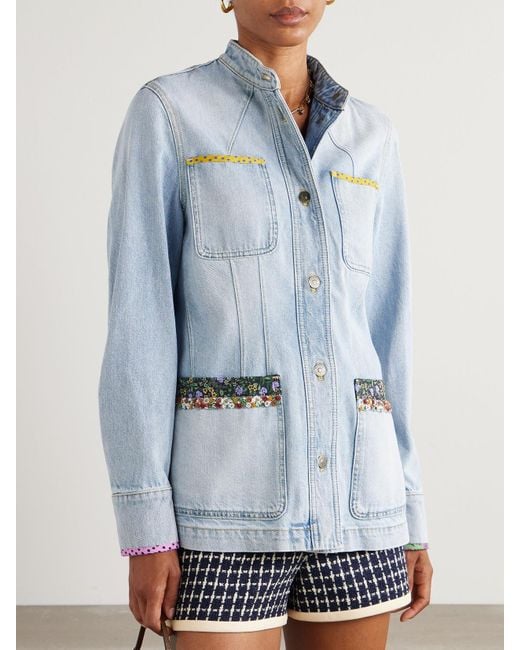 Valentino Garavani Blue Embellished Printed Chiffon-Trimmed Denim Jacket