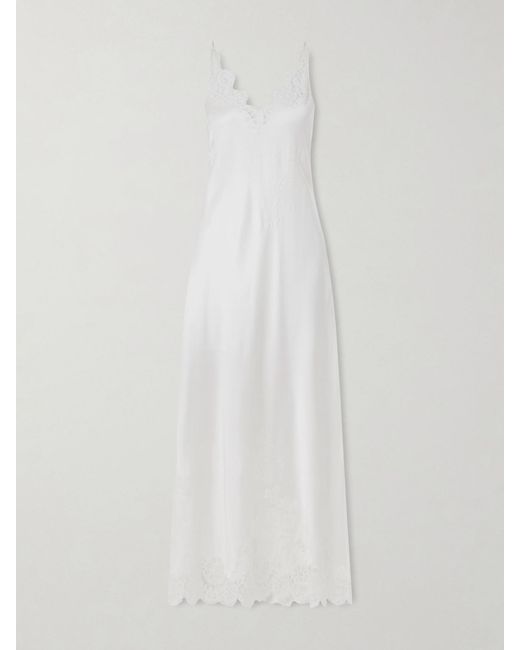 Carine Gilson White Lace-Trimmed Floral-Embroidered Silk-Satin Nightdress