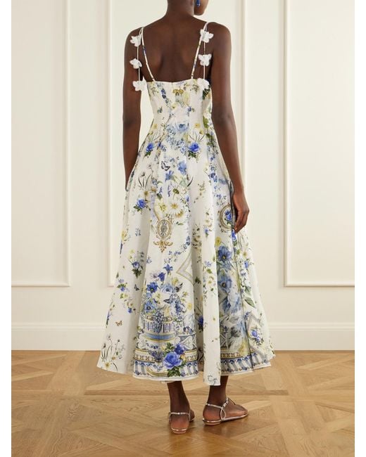 Camilla White Embellished Floral-Print Linen And Silk-Blend Midi Dress