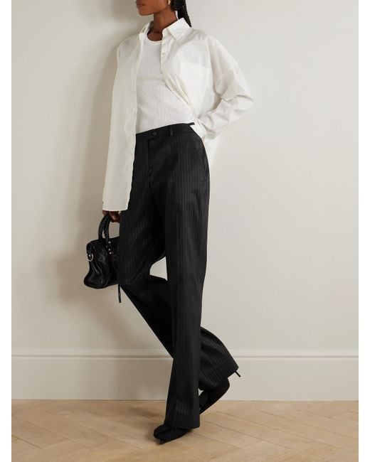 Acne Black Pinstriped Taffeta Straight-Leg Pants