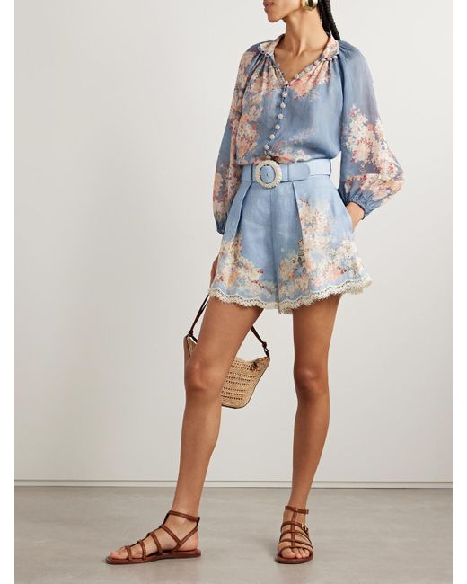 Zimmermann Blue Cascadian Lace-Trimmed Floral-Print Ramie Blouse