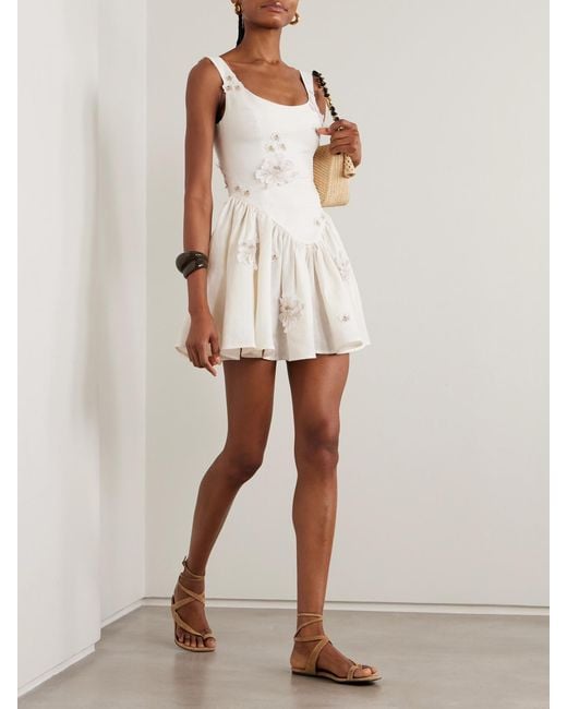 Agua Bendita Natural Lima Embellished Appliquéd Linen Mini Dress