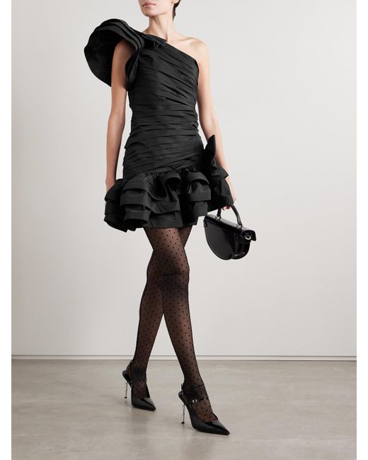 Alessandra Rich Black Asymmetrisches Minikleid Aus Gerafftem Taft Mit Schleifen