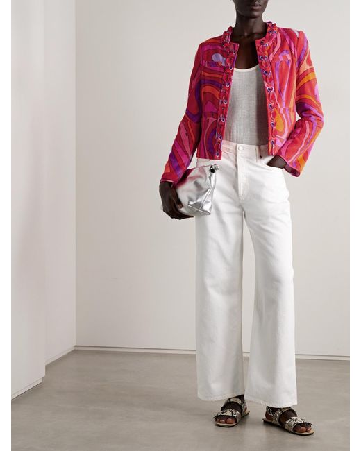 Emilio Pucci Red Embellished Twill-Trimmed Printed Cotton-Terry Jacket